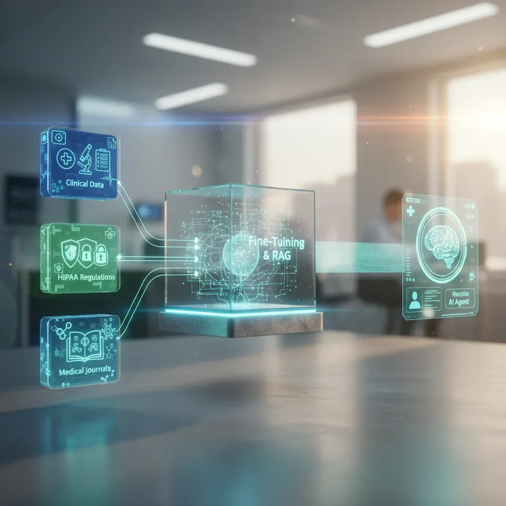 Folyamatábra, amely bemutatja egy speciális egészségügyi MI létrehozását általános modellből, az egyedi automatizálás kulcslépését.