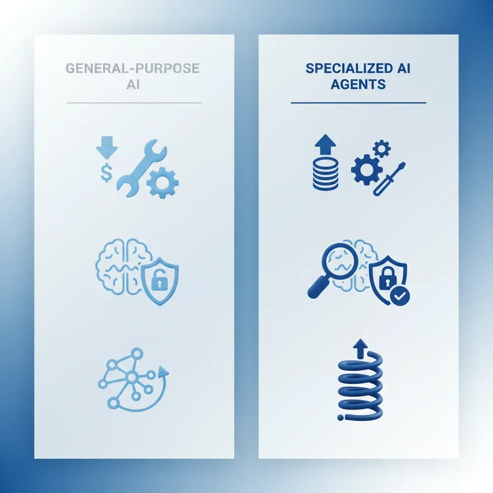 Infografika, amely összehasonlítja az általános MI-t a speciális MI ágensekkel olyan kulcsfontosságú üzleti mutatók mentén, mint a ROI, pontosság és biztonság.
