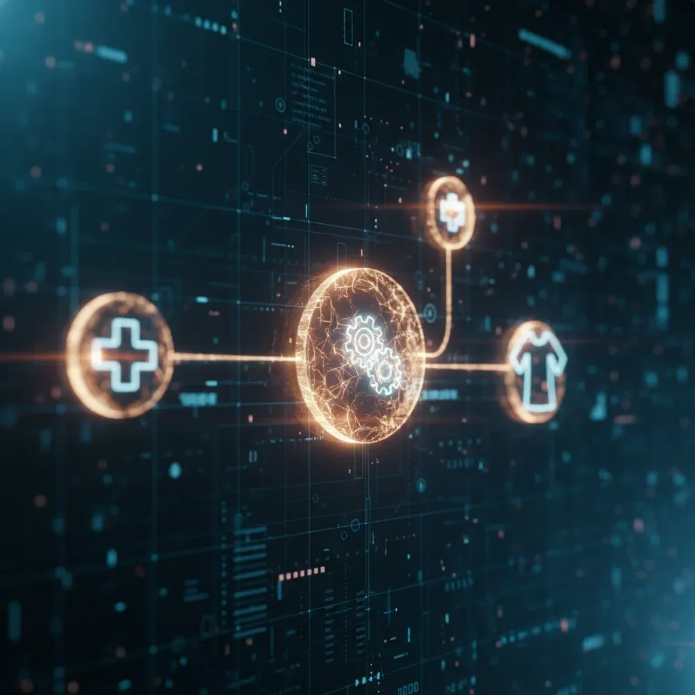 Különböző iparágak számára készült speciális AI ágensek hálózata, amely az egyedi automatizálási megoldások koncepcióját szemlélteti.